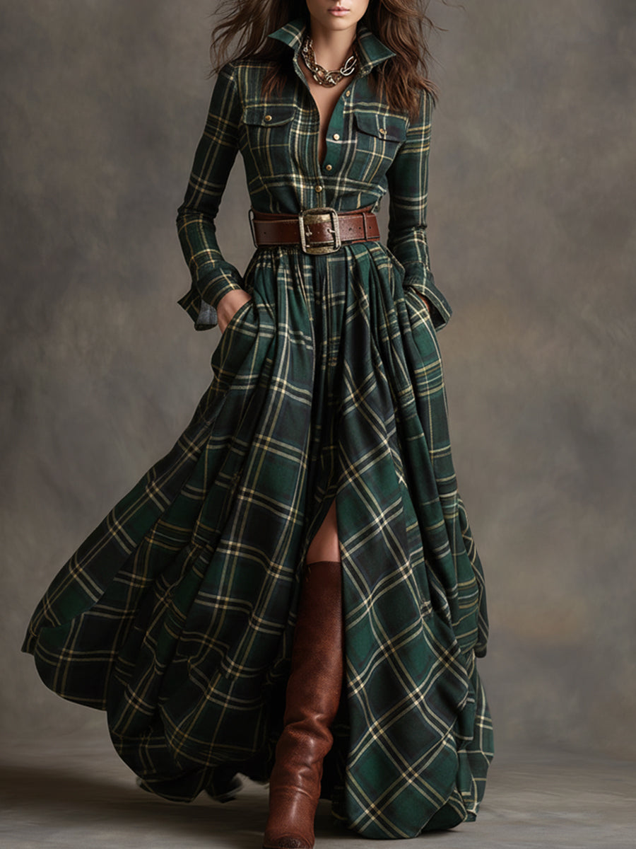 Evelyn - Elegant Plaid Maxi Dress