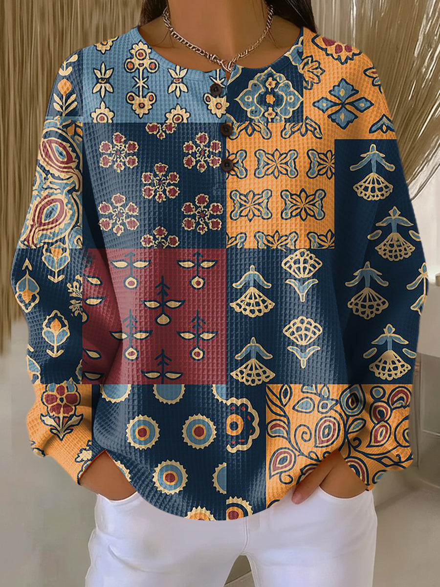 Anika - Sweater with Ethnic Check Floral Print