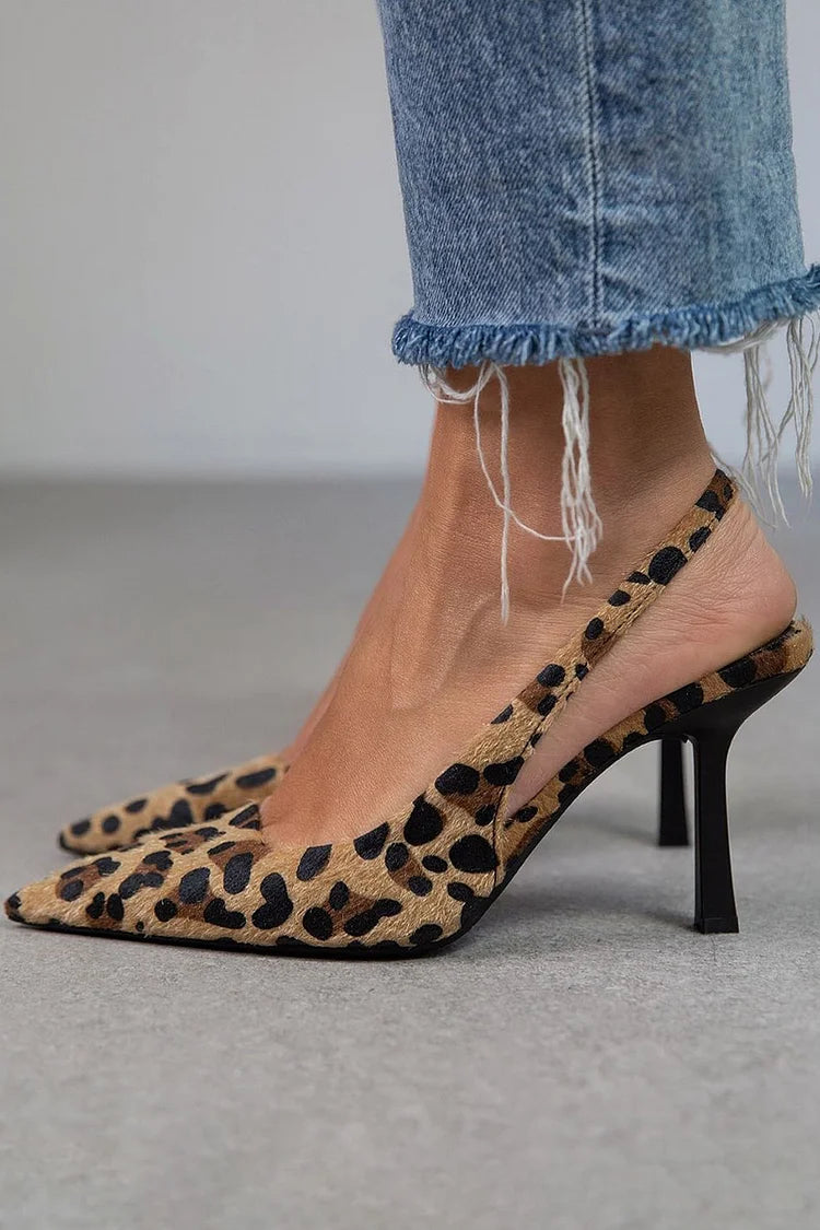 Maria - Pointed Toe Leopard Print Slingback Khaki Stiletto Heels