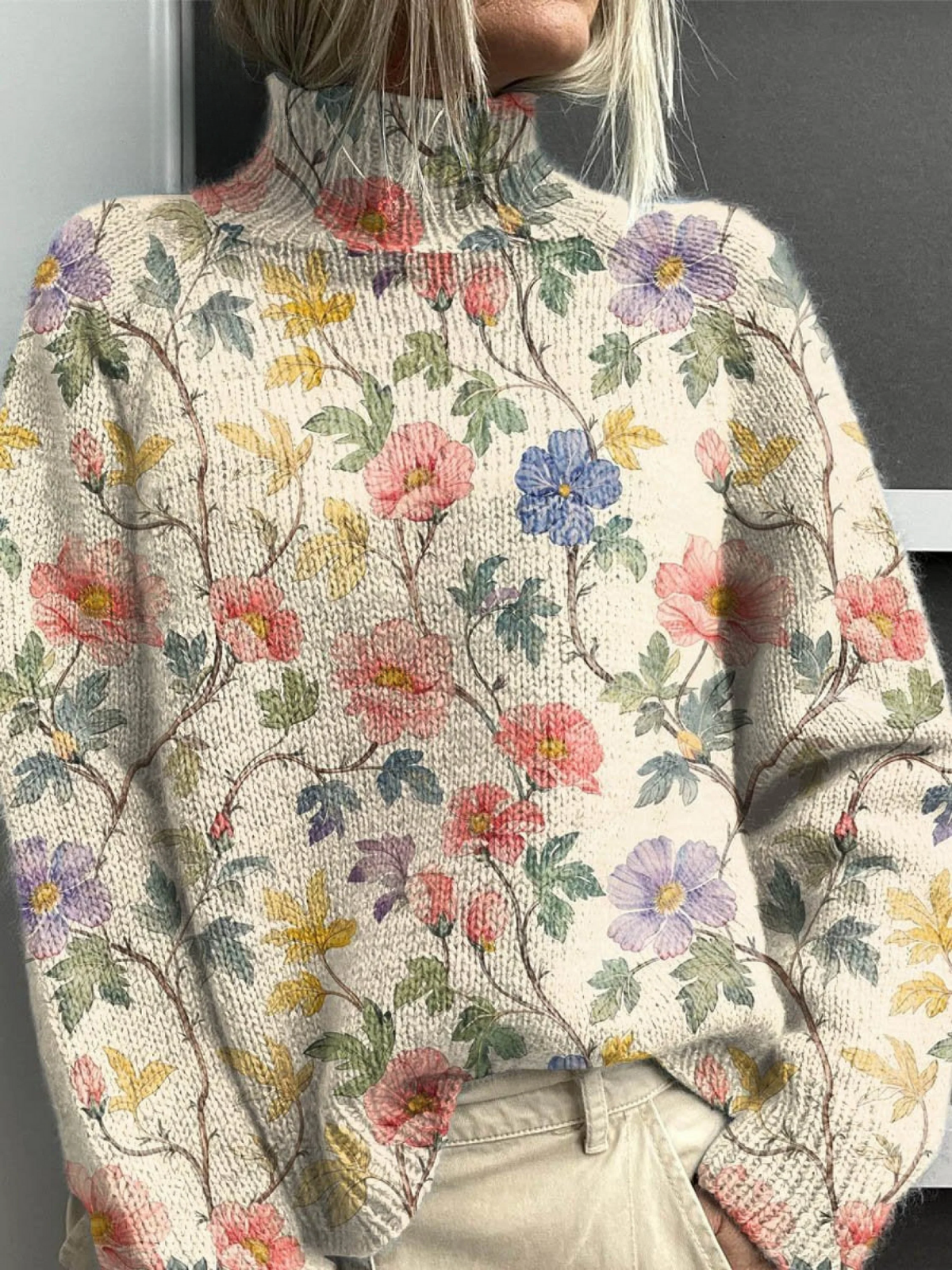 Lovely Floral Knit Turtleneck Sweater