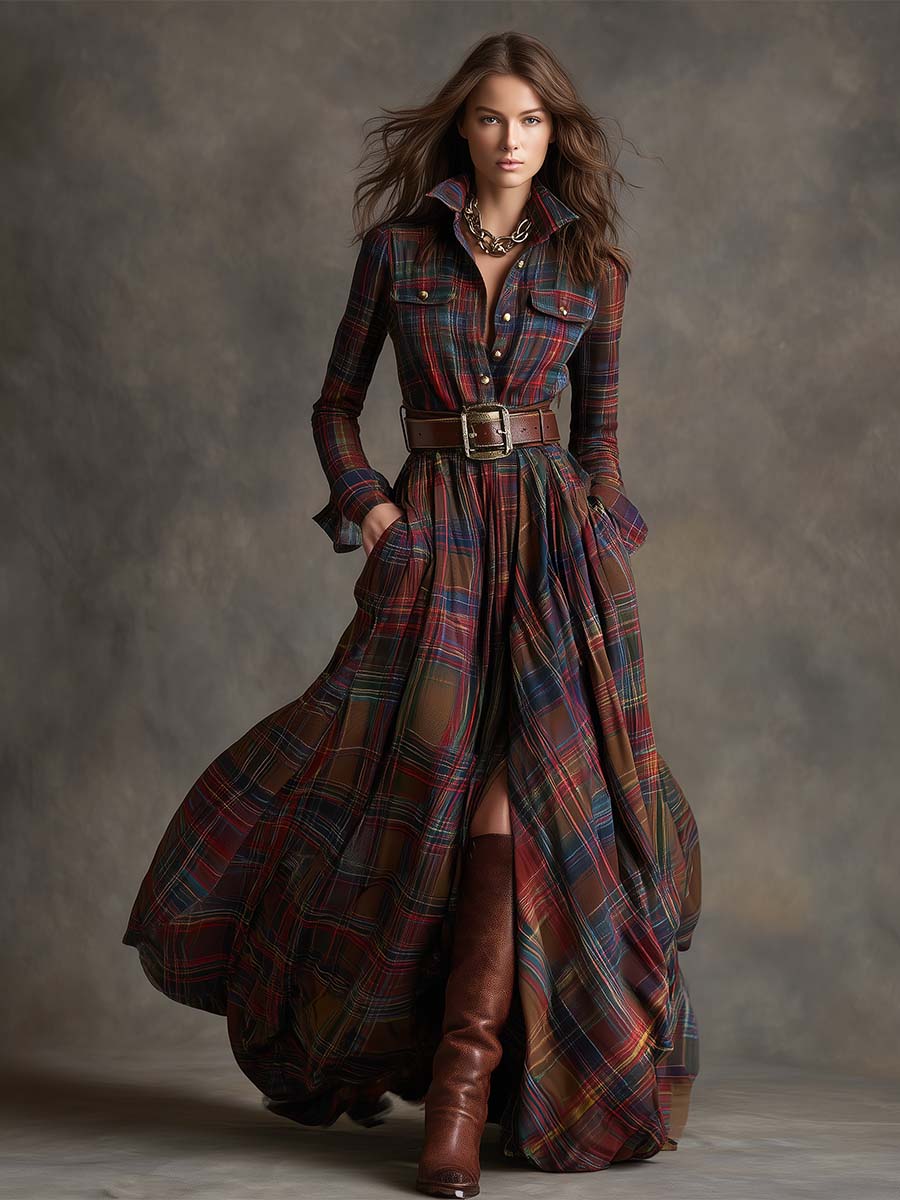 Evelyn - Elegant Plaid Maxi Dress
