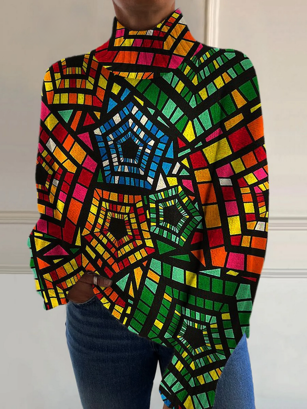 Pauline | Retro colorful geometric print turtleneck sweater