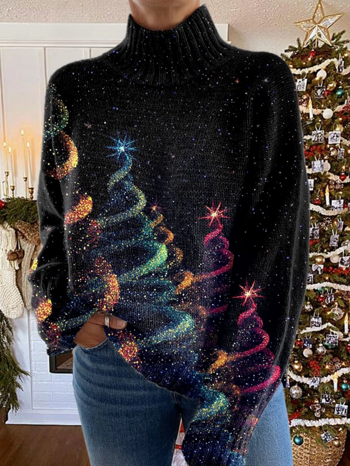 Glitter Christmas Tree Knit Turtleneck Sweater