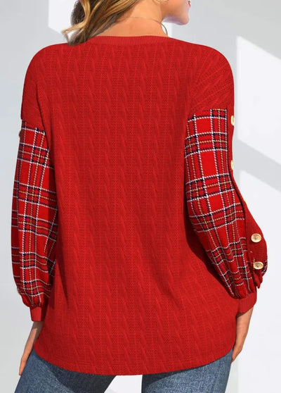 Ida - Red Knit with Checked Sleeves