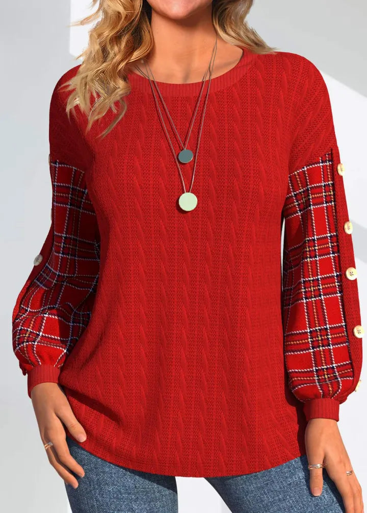Ida - Red Knit with Checked Sleeves