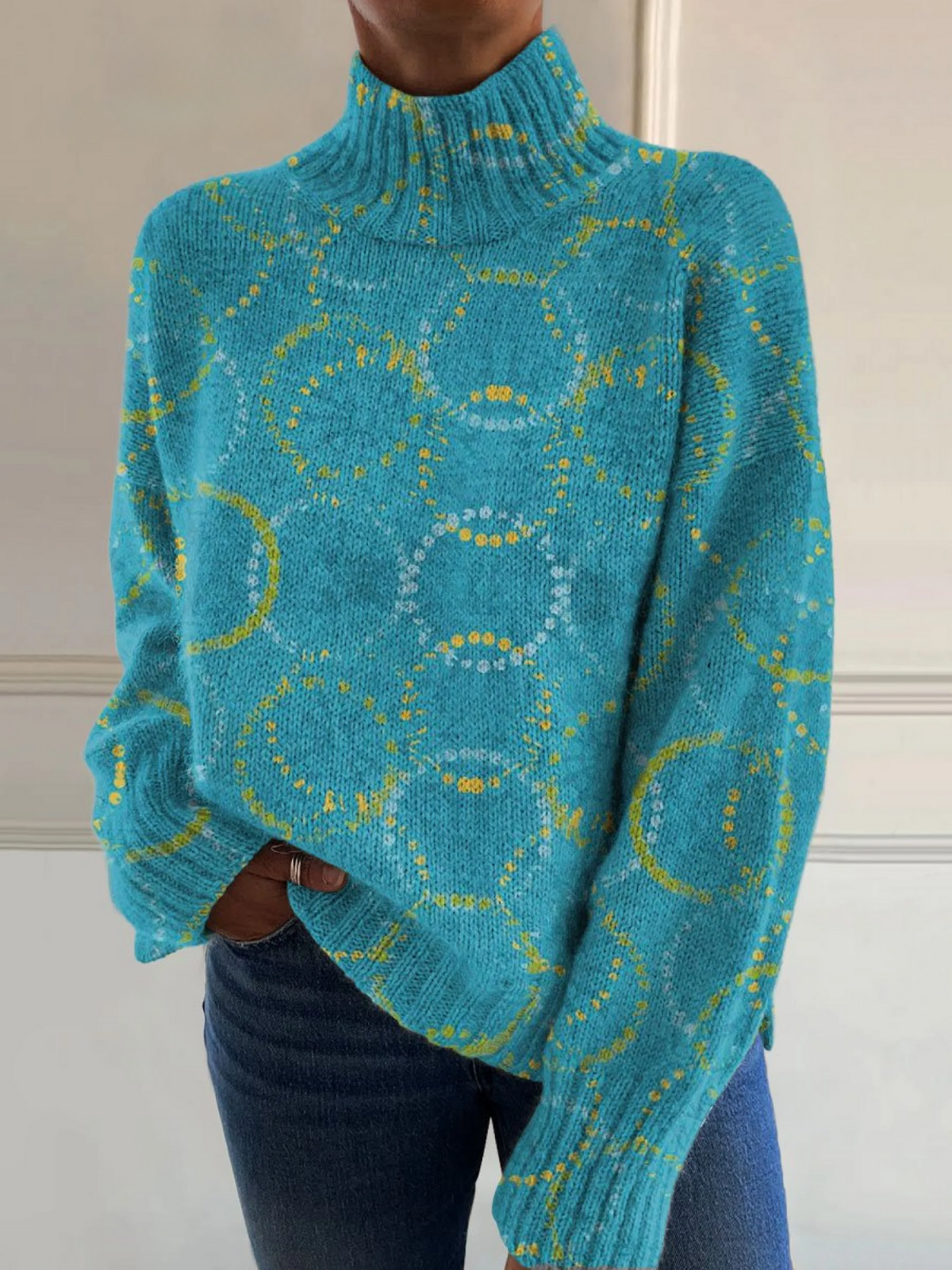 Bright Circle Art Print Knit Turtleneck Pullover Sweater
