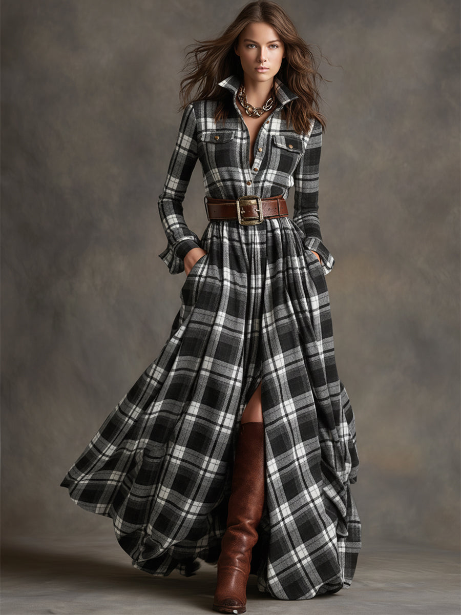 Evelyn - Elegant Plaid Maxi Dress