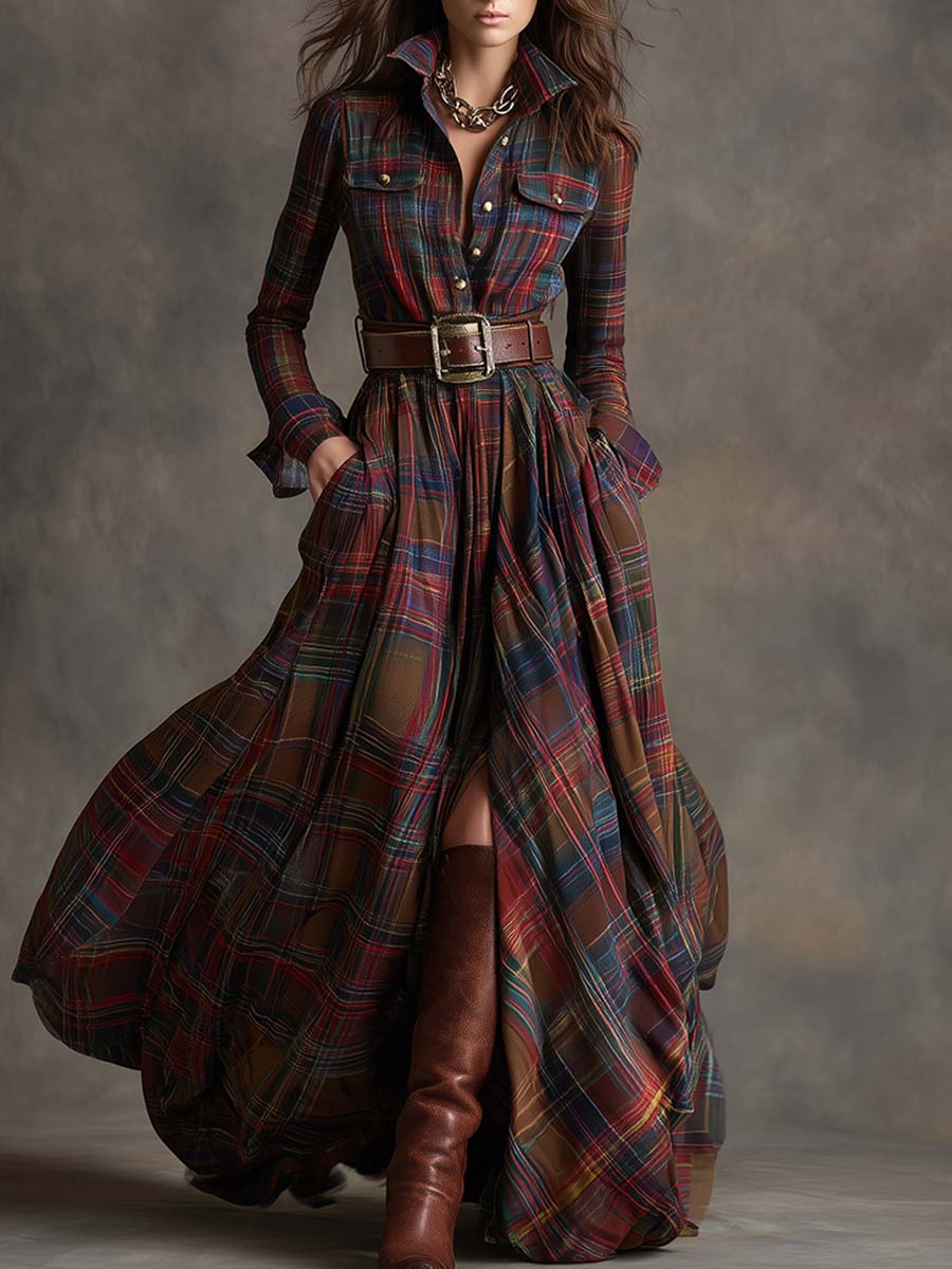 Evelyn - Elegant Plaid Maxi Dress